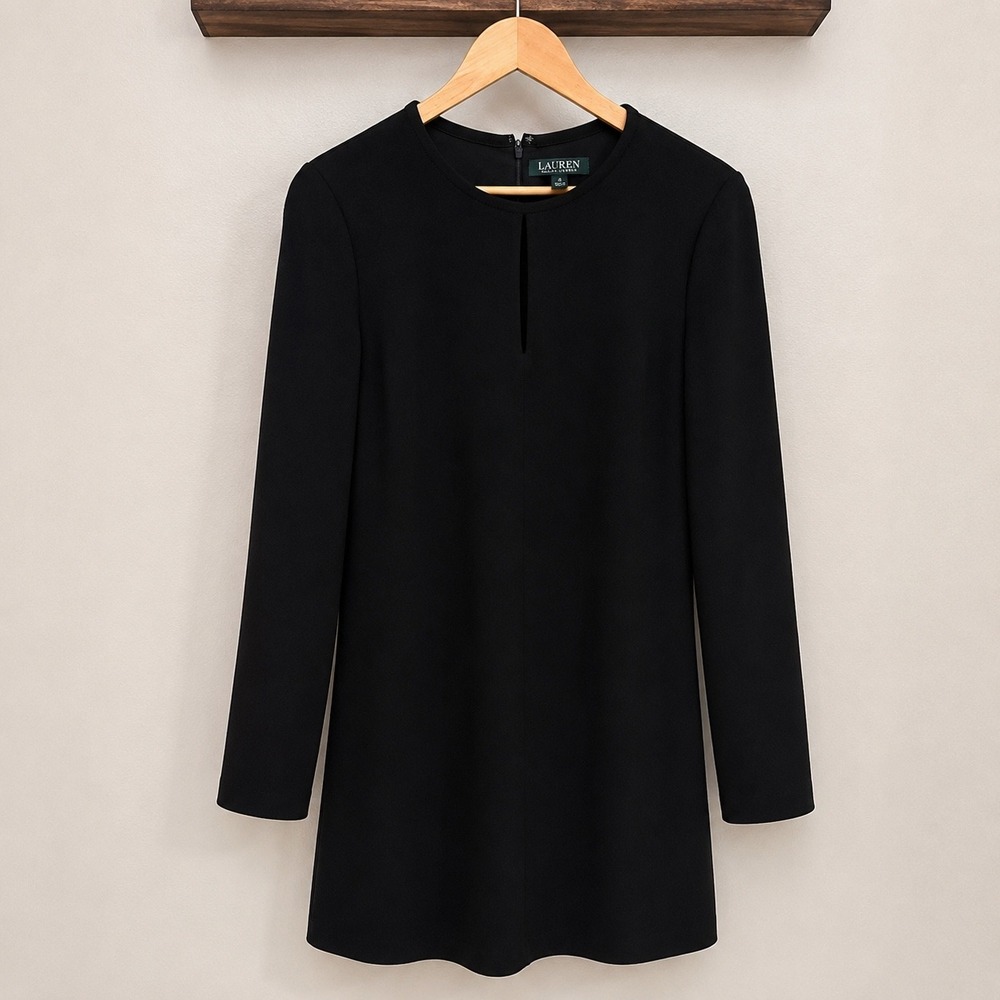 Lauren Ralph Lauren Black Keyhole Long Sleeve Shift Dress Size 14 Crepe Mini